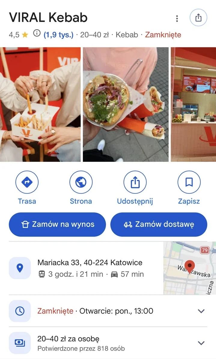 Wizytówka Google lokalu VIRAL Kebab w Katowicach przy ul. Mariackiej 33 w wynikach wyszukiwania